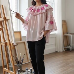 NEW Pink Satin Floral Ruffle Embroidered Luxury Blouse One Size